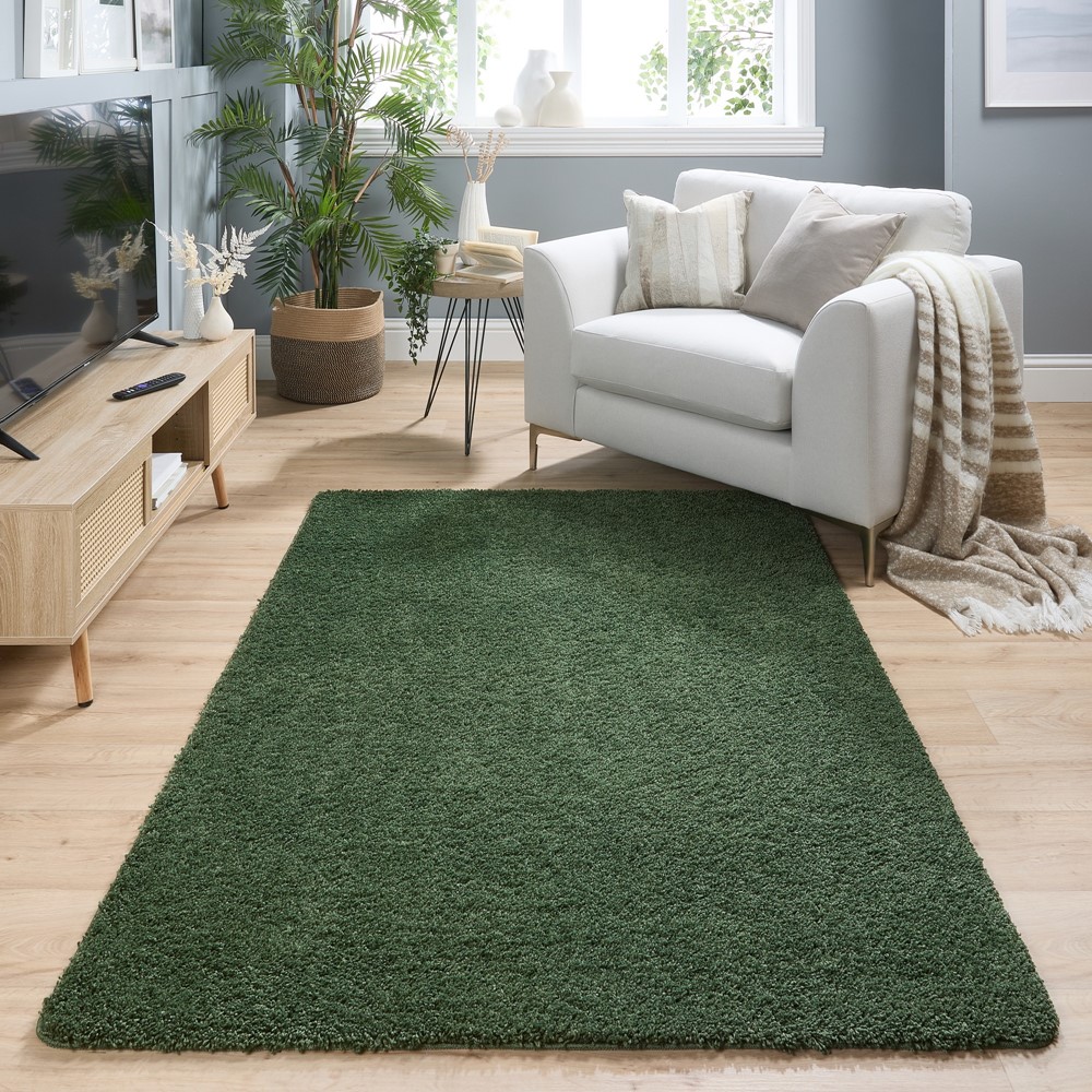 Buddy Washable Plain Rugs in Forest Green